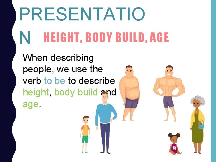 PRESENTATIO N HEIGHT, BODY BUILD, AGE When describing people, we use the verb to