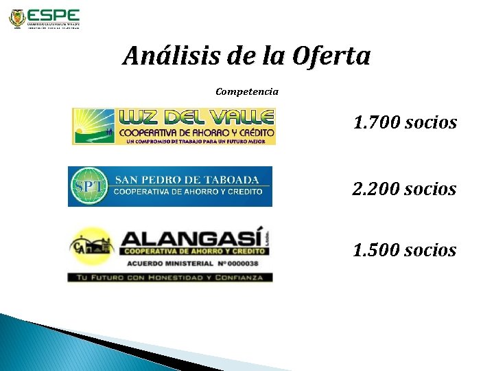 Análisis de la Oferta Competencia 1. 700 socios 2. 200 socios 1. 500 socios