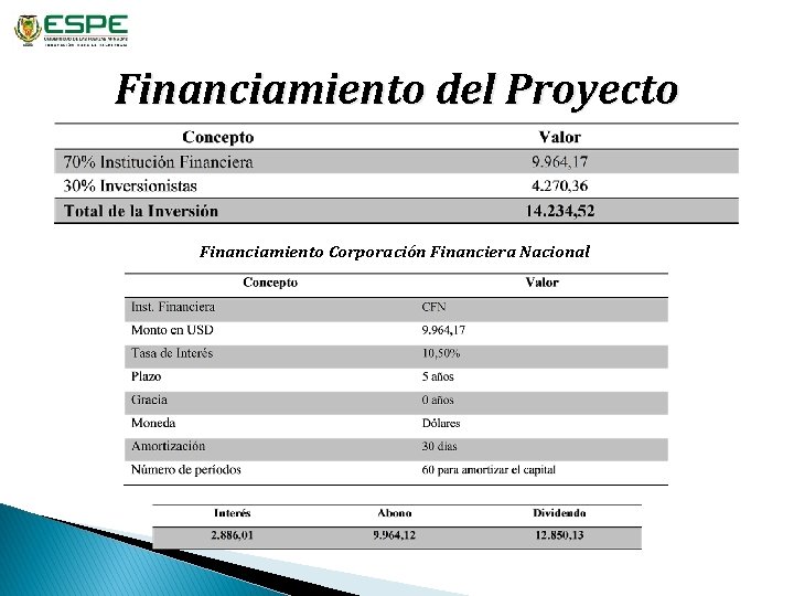 Financiamiento del Proyecto Financiamiento Corporación Financiera Nacional 