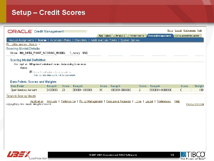 Setup – Credit Scores © 2007 UBEX Corporation and TIBCO Software Inc. . 14