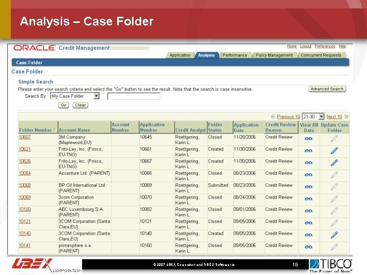 Analysis – Case Folder © 2007 UBEX Corporation and TIBCO Software Inc. . 18