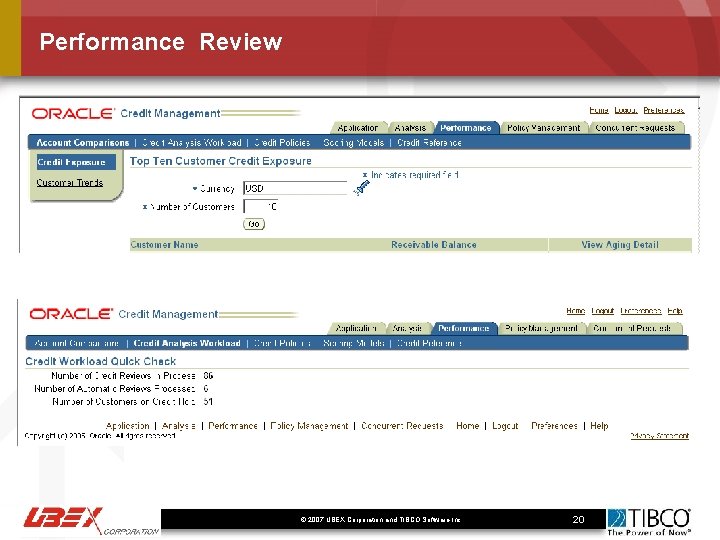 Performance Review © 2007 UBEX Corporation and TIBCO Software Inc. . 20 