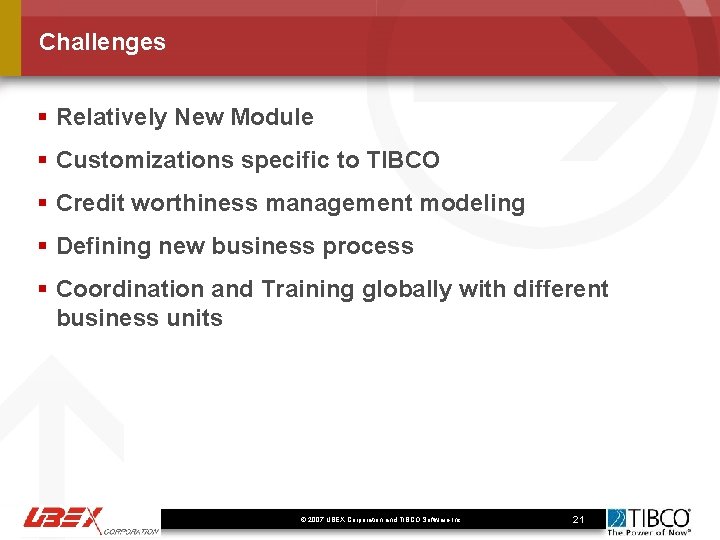 Challenges § Relatively New Module § Customizations specific to TIBCO § Credit worthiness management