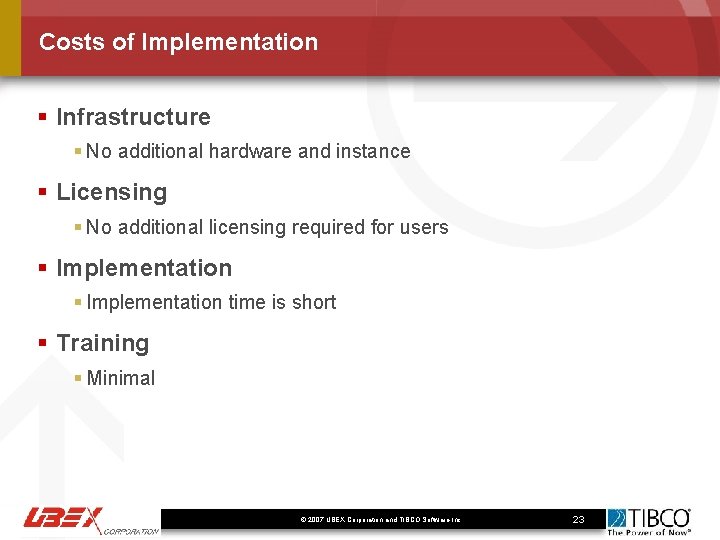 Costs of Implementation § Infrastructure § No additional hardware and instance § Licensing §