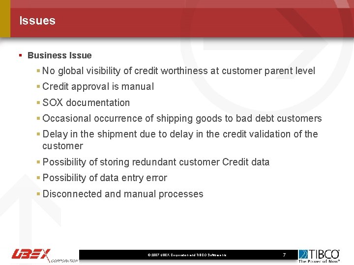 Issues § Business Issue § No global visibility of credit worthiness at customer parent