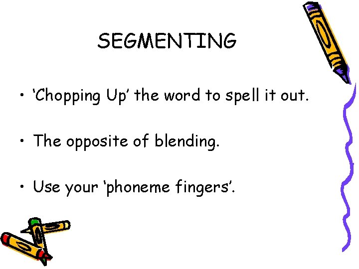 SEGMENTING • ‘Chopping Up’ the word to spell it out. • The opposite of