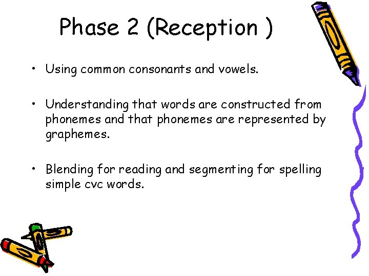 Phase 2 (Reception ) • Using common consonants and vowels. • Understanding that words