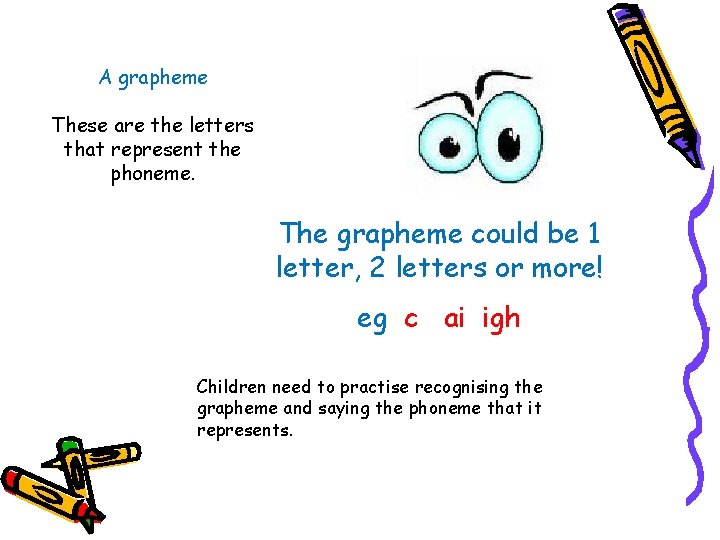 A grapheme These are the letters that represent the phoneme. The grapheme could be