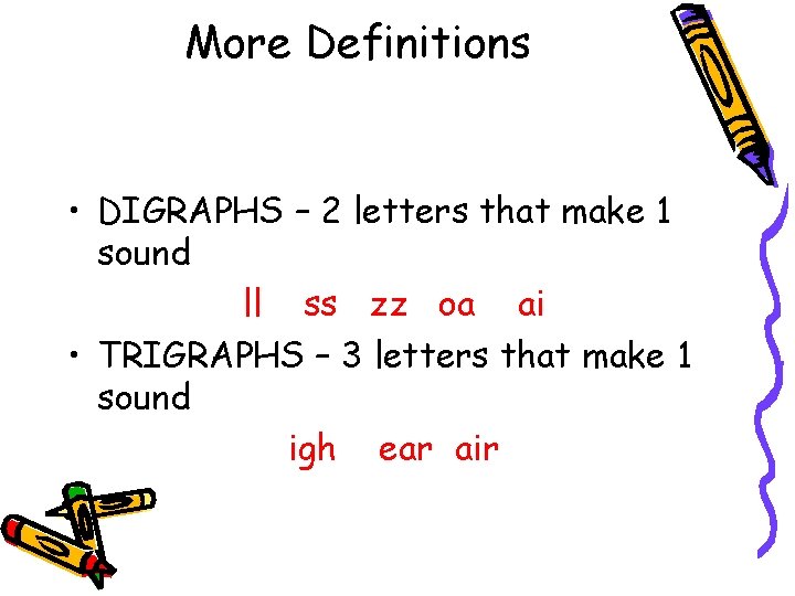 More Definitions • DIGRAPHS – 2 letters that make 1 sound ll ss zz