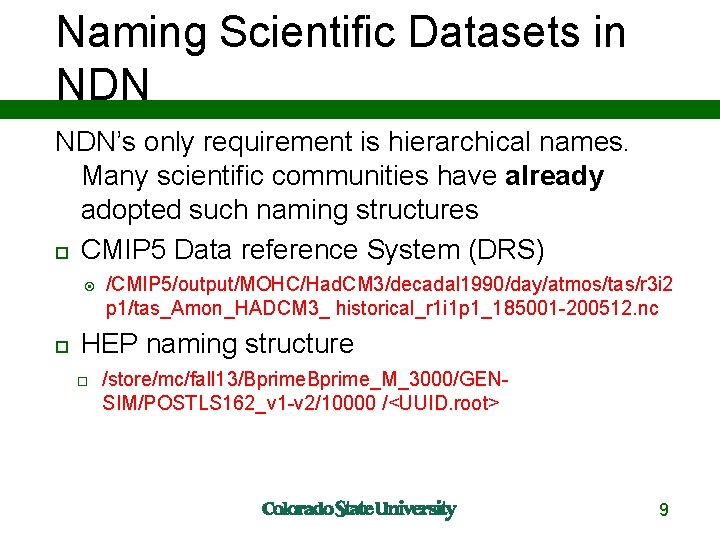 Naming Scientific Datasets in NDN’s only requirement is hierarchical names. Many scientific communities have