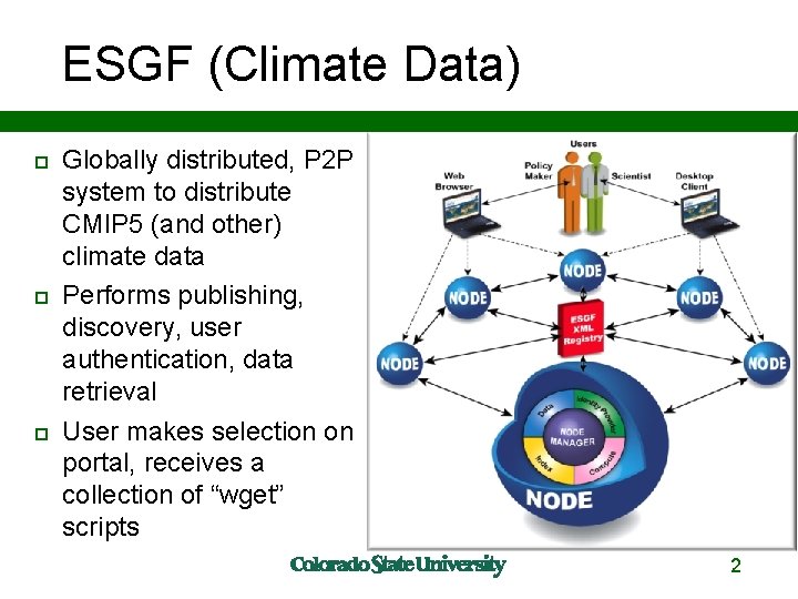 ESGF (Climate Data) Globally distributed, P 2 P system to distribute CMIP 5 (and