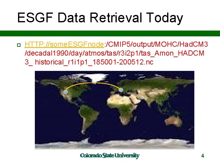 ESGF Data Retrieval Today HTTP: //some. ESGFnode: /CMIP 5/output/MOHC/Had. CM 3 /decadal 1990/day/atmos/tas/r 3