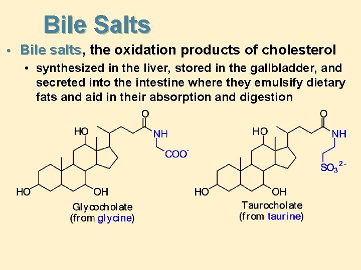 Bile Salts • Bile salts, salts the oxidation products of cholesterol • synthesized in