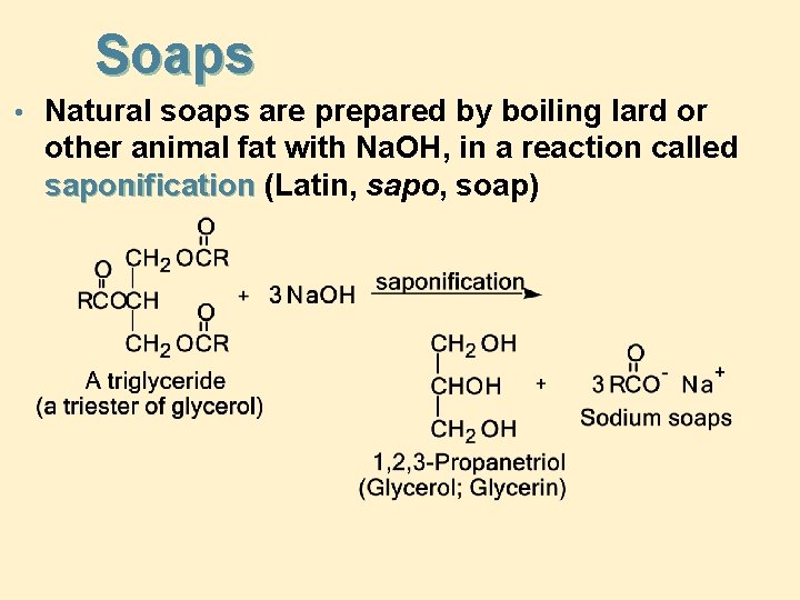 Soaps • Natural soaps are prepared by boiling lard or other animal fat with