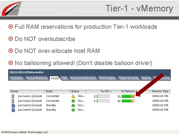 Tier-1 - v. Memory Full RAM reservations for production Tier-1 workloads Do NOT oversubscribe