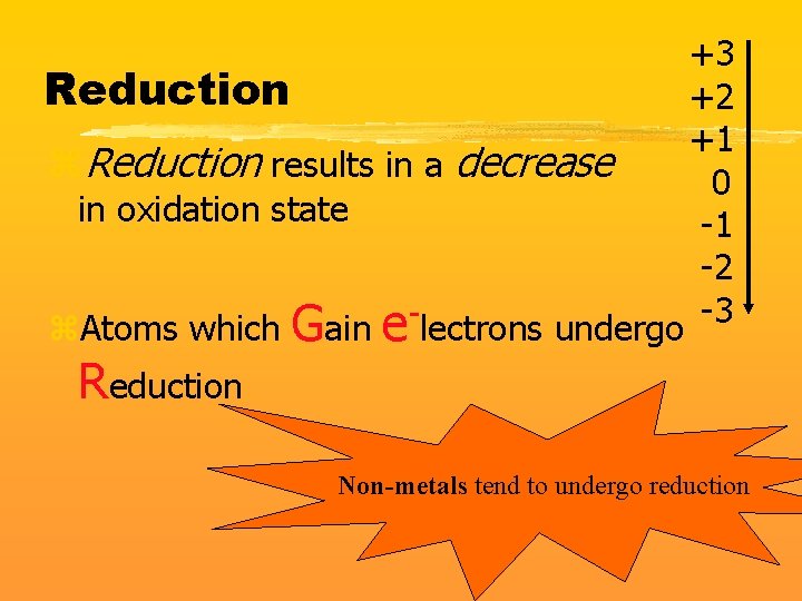 +3 Reduction +2 +1 z. Reduction results in a decrease 0 in oxidation state