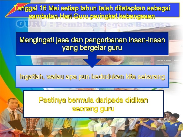 Tanggal 16 Mei setiap tahun telah ditetapkan sebagai sambutan Hari Guru peringkat kebangsaan Mengingati