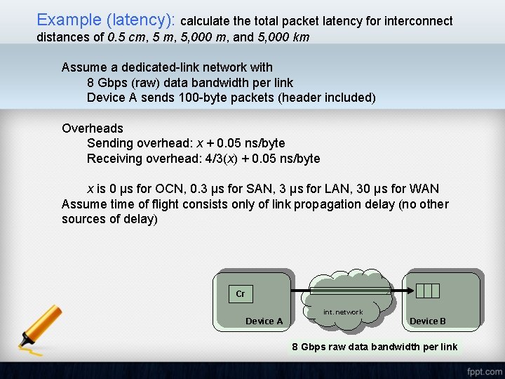 Example (latency): calculate the total packet latency for interconnect distances of 0. 5 cm,