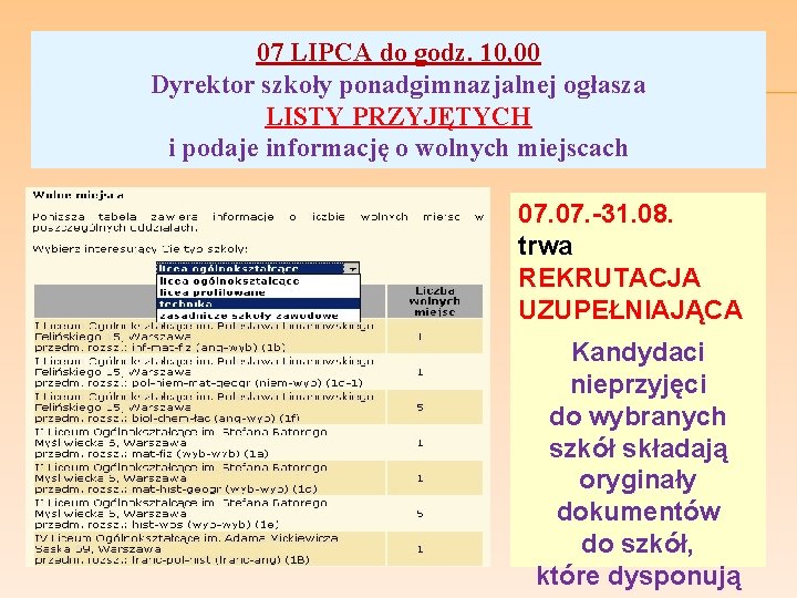 07 LIPCA do godz. 10, 00 Dyrektor szkoły ponadgimnazjalnej ogłasza LISTY PRZYJĘTYCH i podaje