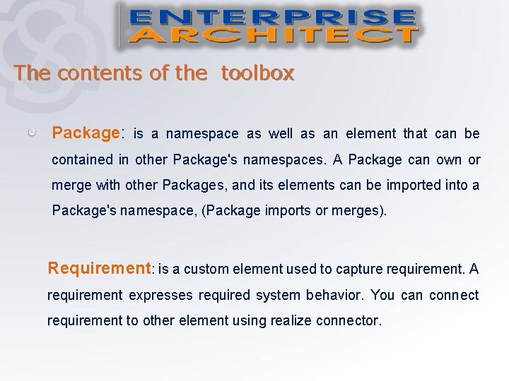 The contents of the toolbox Package: is a namespace as well as an element