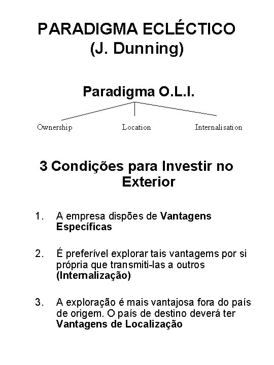 PARADIGMA ECLÉCTICO (J. Dunning) Paradigma O. L. I. Ownership Location Internalisation 3 Condições para