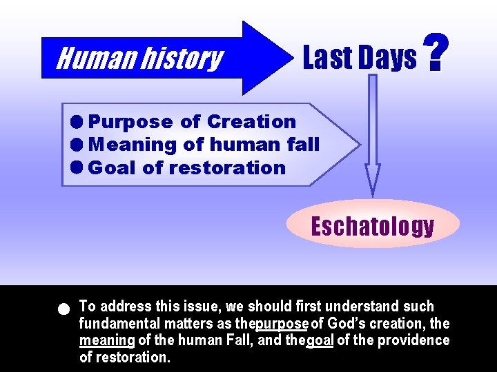 Human history Last Days Purpose of Creation Meaning of human fall Goal of restoration