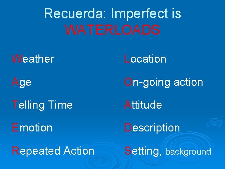 Recuerda: Imperfect is WATERLOADS Weather Location Age On-going action Telling Time Attitude Emotion Description