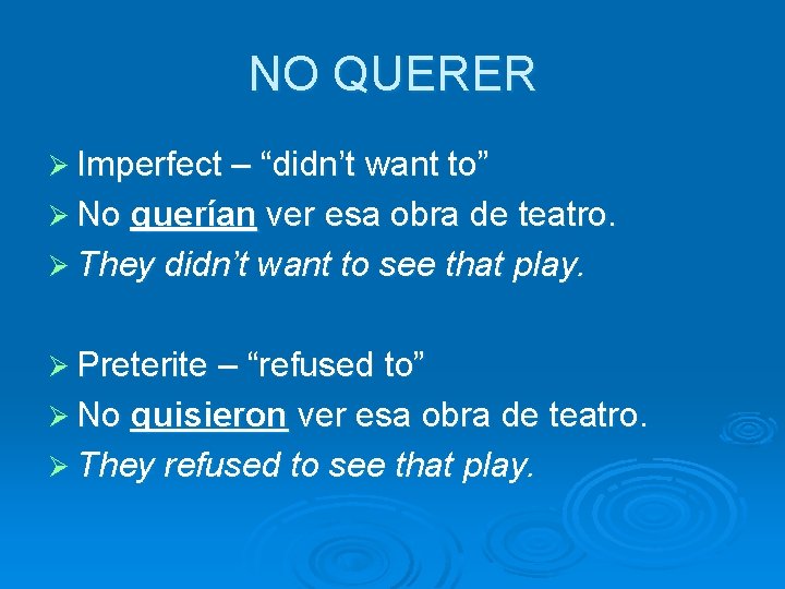 NO QUERER Ø Imperfect – “didn’t want to” Ø No querían ver esa obra