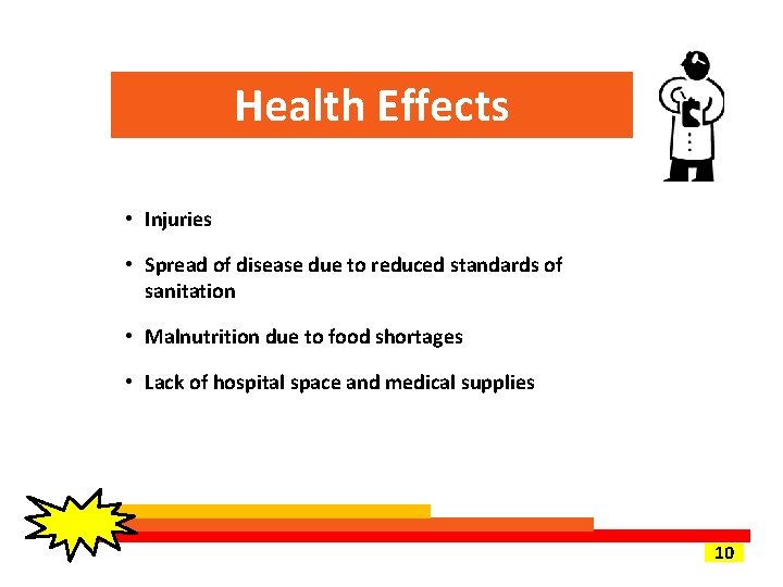 Health Effects • Injuries • Spread of disease due to reduced standards of sanitation