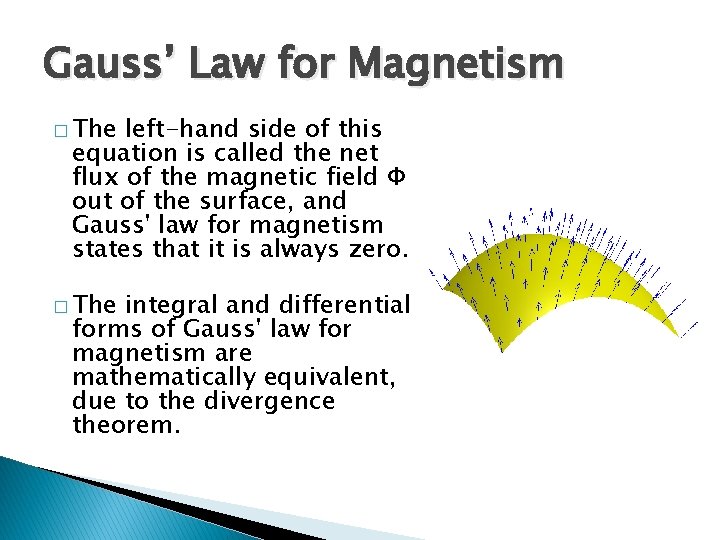 Gauss’ Law for Magnetism � The left-hand side of this equation is called the