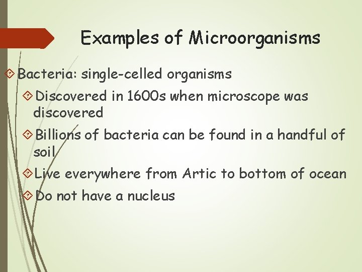 Examples of Microorganisms Bacteria: single-celled organisms Discovered in 1600 s when microscope was discovered