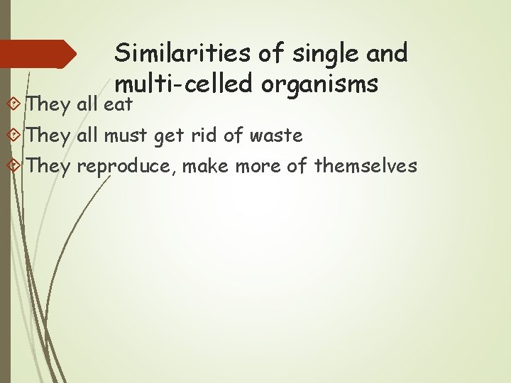 Similarities of single and multi-celled organisms They all eat They all must get rid