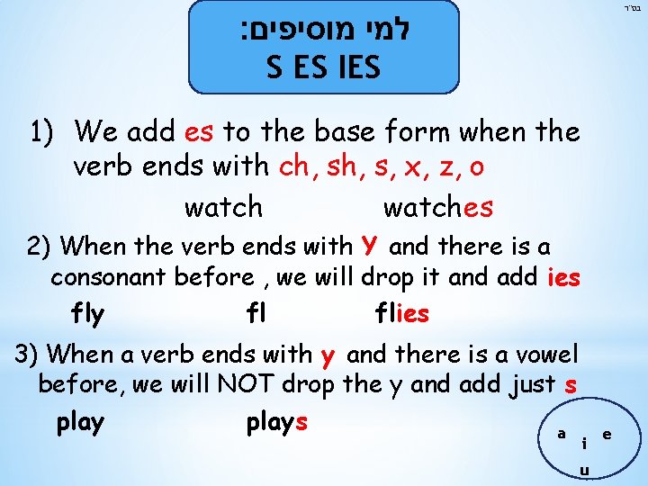  בס"ד : למי מוסיפים S ES IES 1) We add es to the