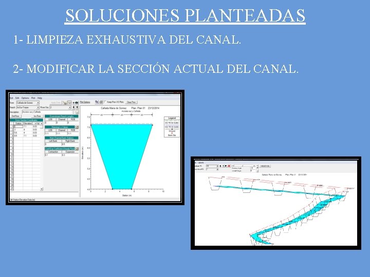 SOLUCIONES PLANTEADAS 1 - LIMPIEZA EXHAUSTIVA DEL CANAL. 2 - MODIFICAR LA SECCIÓN ACTUAL