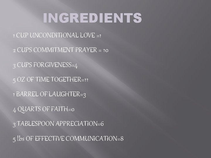 INGREDIENTS 1 CUP UNCONDITIONAL LOVE =1 2 CUPS COMMITMENT PRAYER = 10 3 CUPS