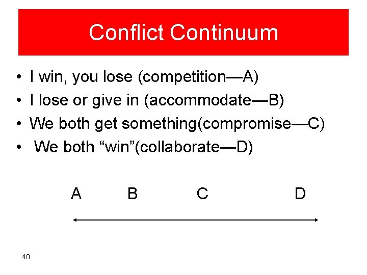 Conflict Continuum • • I win, you lose (competition—A) I lose or give in