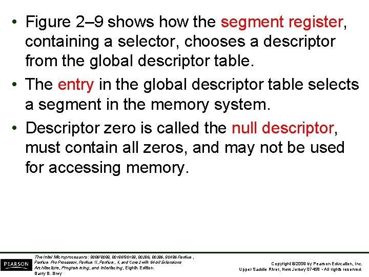  • Figure 2– 9 shows how the segment register, containing a selector, chooses