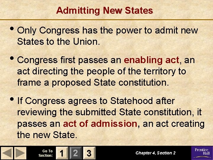 Admitting New States • Only Congress has the power to admit new States to