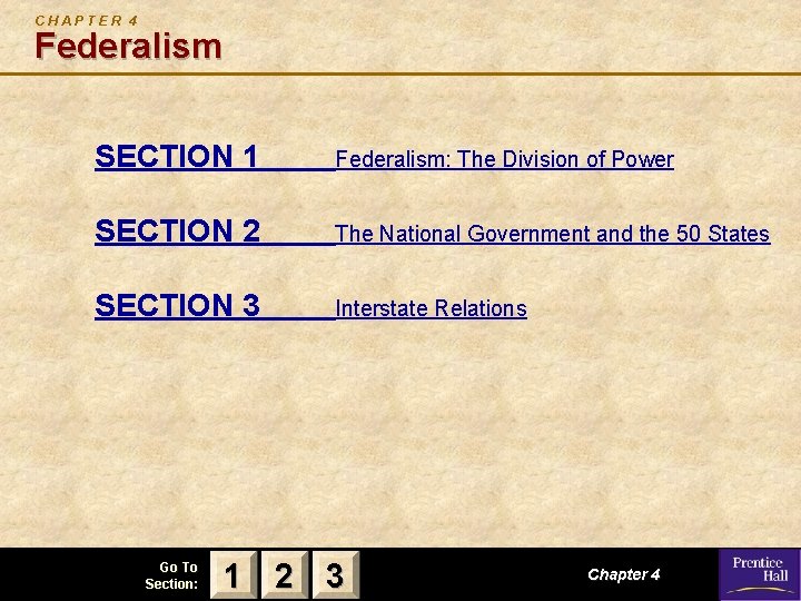 CHAPTER 4 Federalism SECTION 1 Federalism: The Division of Power SECTION 2 The National