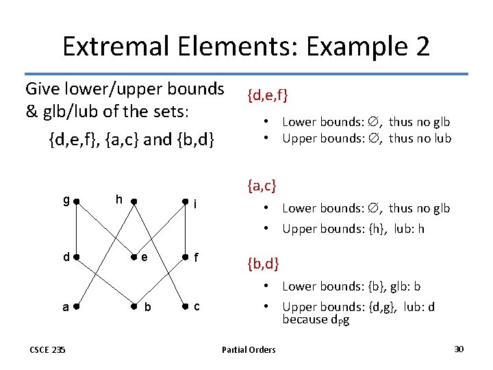 Extremal Elements: Example 2 Give lower/upper bounds & glb/lub of the sets: {d, e,