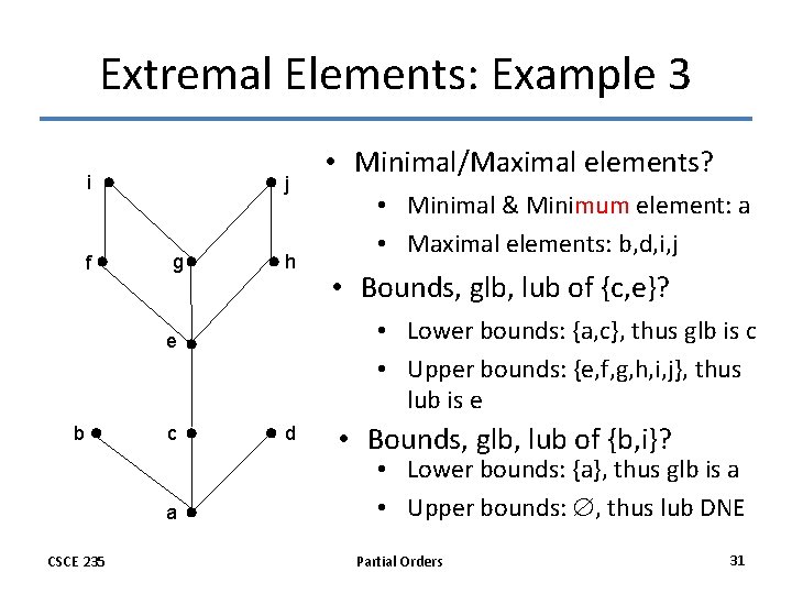 Extremal Elements: Example 3 i f j g h c a CSCE 235 •