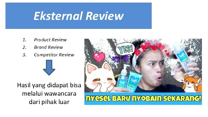 Eksternal Review 1. 2. 3. Product Review Brand Review Competitor Review Hasil yang didapat