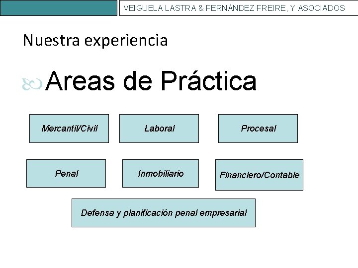 VEIGUELA LASTRA & FERNÁNDEZ FREIRE, Y ASOCIADOS Nuestra experiencia Areas de Práctica Mercantil/Civil Penal