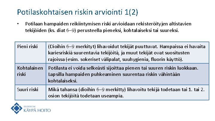 Potilaskohtaisen riskin arviointi 1(2) • Potilaan hampaiden reikiintymisen riski arvioidaan rekisteröityjen altistavien tekijöiden (ks.