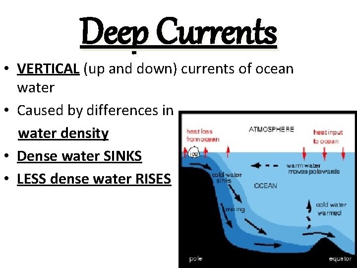 Deep Currents • VERTICAL (up and down) currents of ocean water • Caused by