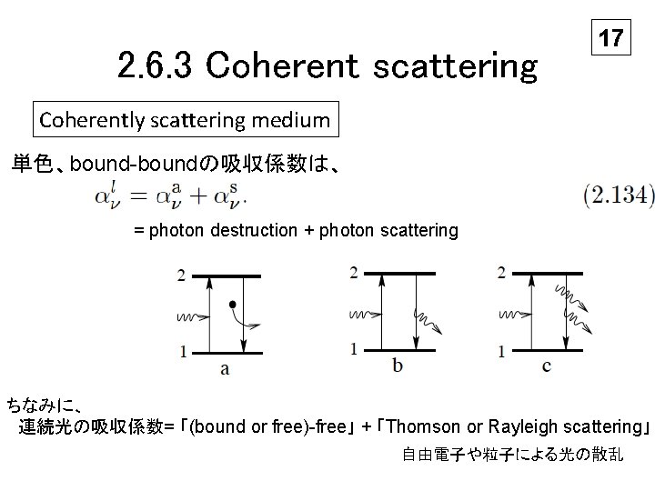 2. 6. 3 Coherent scattering 17 Coherently scattering medium 単色、bound-boundの吸収係数は、 = photon destruction +