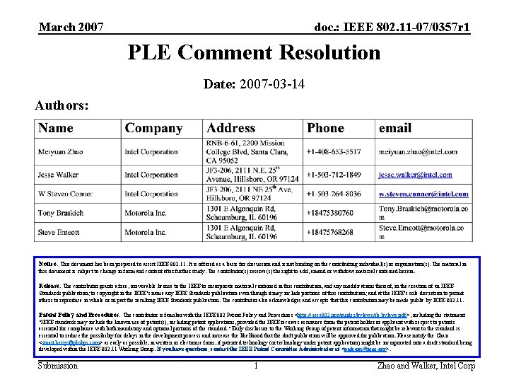 March 2007 doc. : IEEE 802. 11 -07/0357 r 1 PLE Comment Resolution Date: