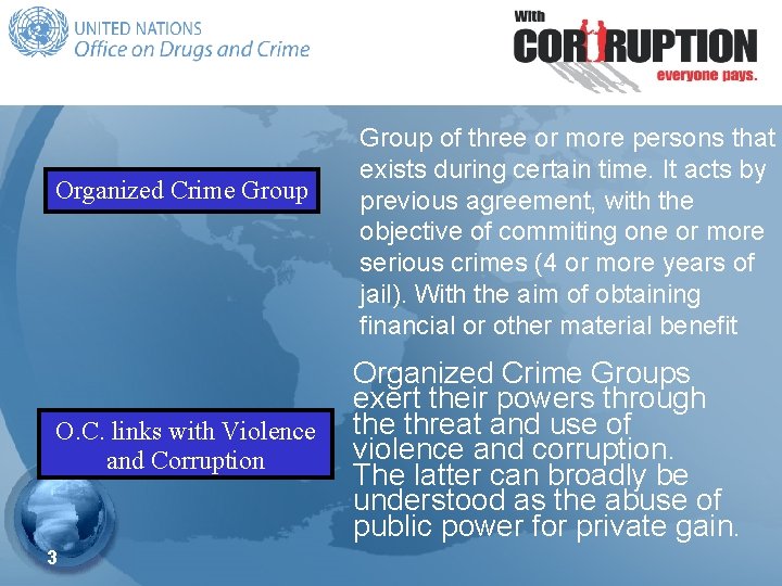 Organized Crime Group O. C. links with Violence and Corruption 3 Group of three