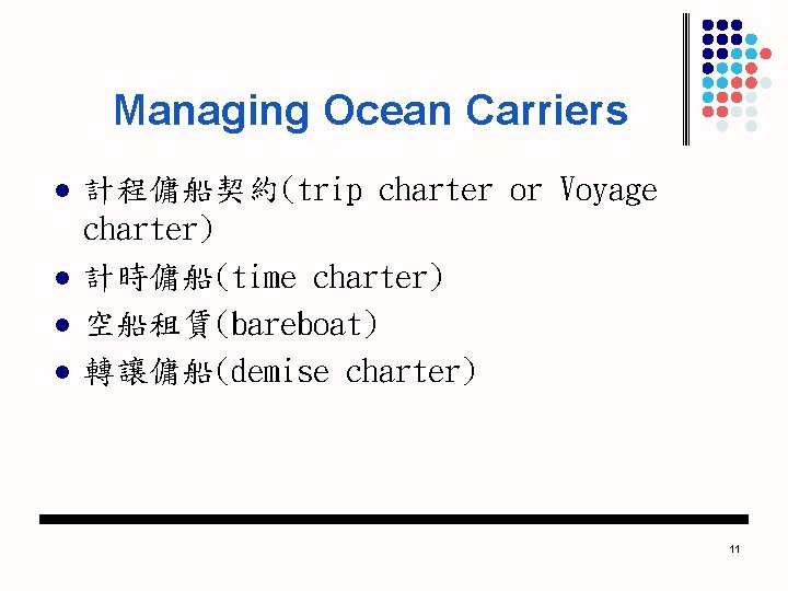 Managing Ocean Carriers l l 計程傭船契約(trip charter or Voyage charter) 計時傭船(time charter) 空船租賃(bareboat) 轉讓傭船(demise