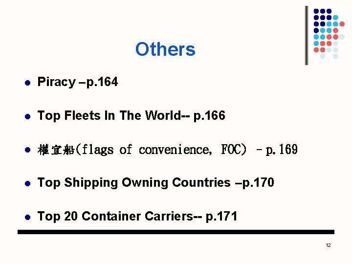 Others l Piracy –p. 164 l Top Fleets In The World-- p. 166 l